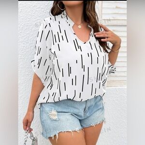 SHEIN Clasi Plus Striped Roll Tab Sleeve Popover Blouse
